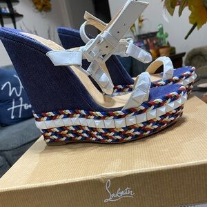Christian Louboutin Blue Cataclou Embroidery Denim Studded Espadrille Sandals